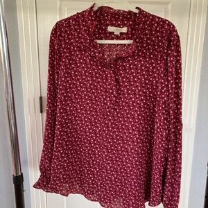 LOFT FLORAL SILKY LONG SLEEVE POPOVER RED PINK TOP SHIRT XXL